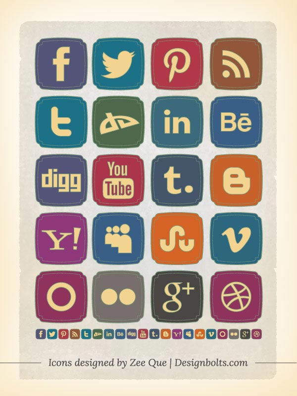 20 Free Retro Style Social Media Icons Set (256 x 256 PNG) – Designbolts