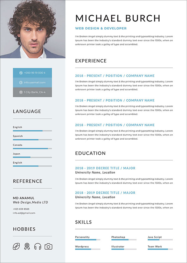50 Free Resume/ CV Template In PSD Ai Word INDD Sketch XD For