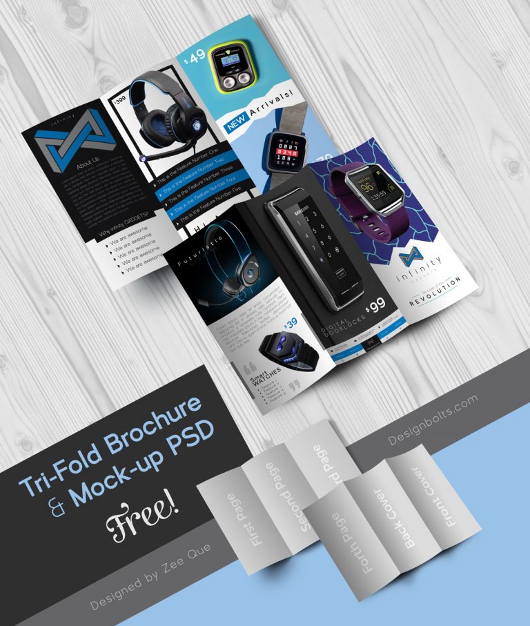 Download Free Tech Gadgets 3 Fold Brochure Design Template & Mock-up PSD