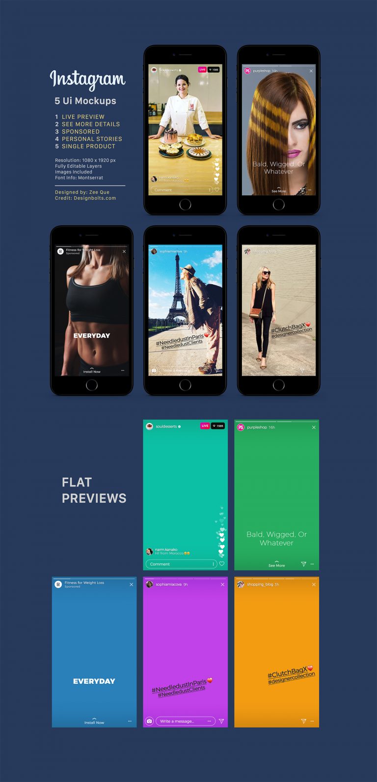 Download Free Instagram Sponsored, Live & Status Stories UI Mockup PSD