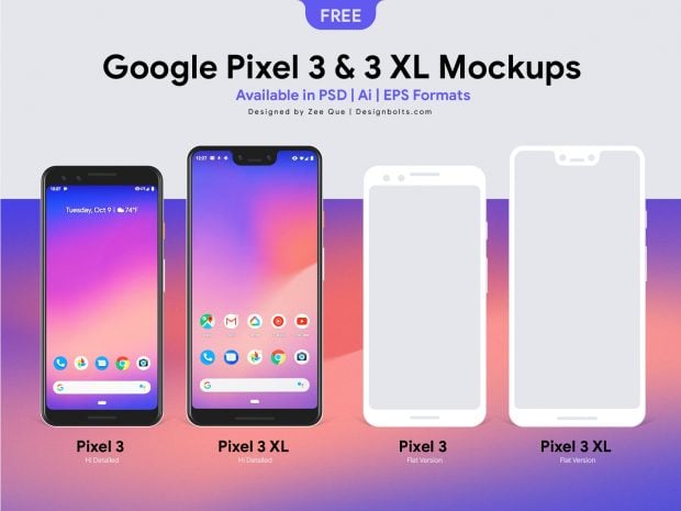 Free Google Pixel 3 & Pixel 3 XL Mockup PSD, Ai & EPS