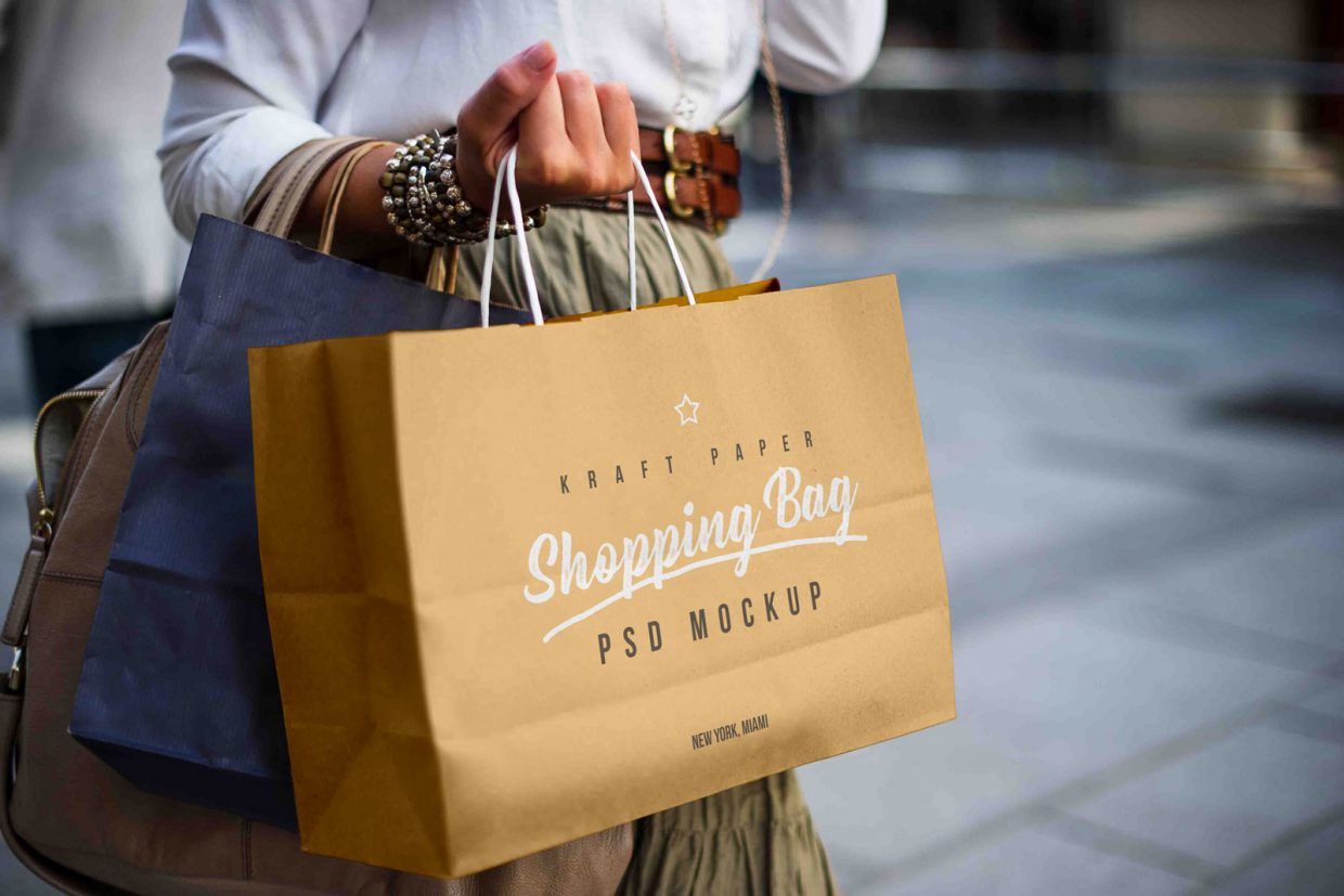 Download Free Female Holding Kraft Paper Shopping Bag Mockup PSD ...