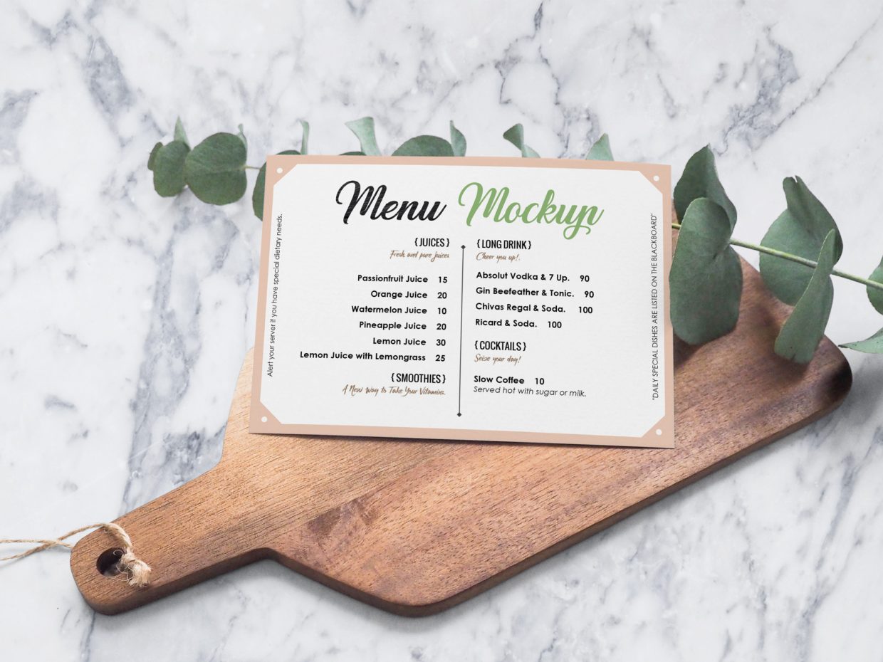 Free Landscape Hotel / Restaurant Menu Card Mockup PSD - Designbolts