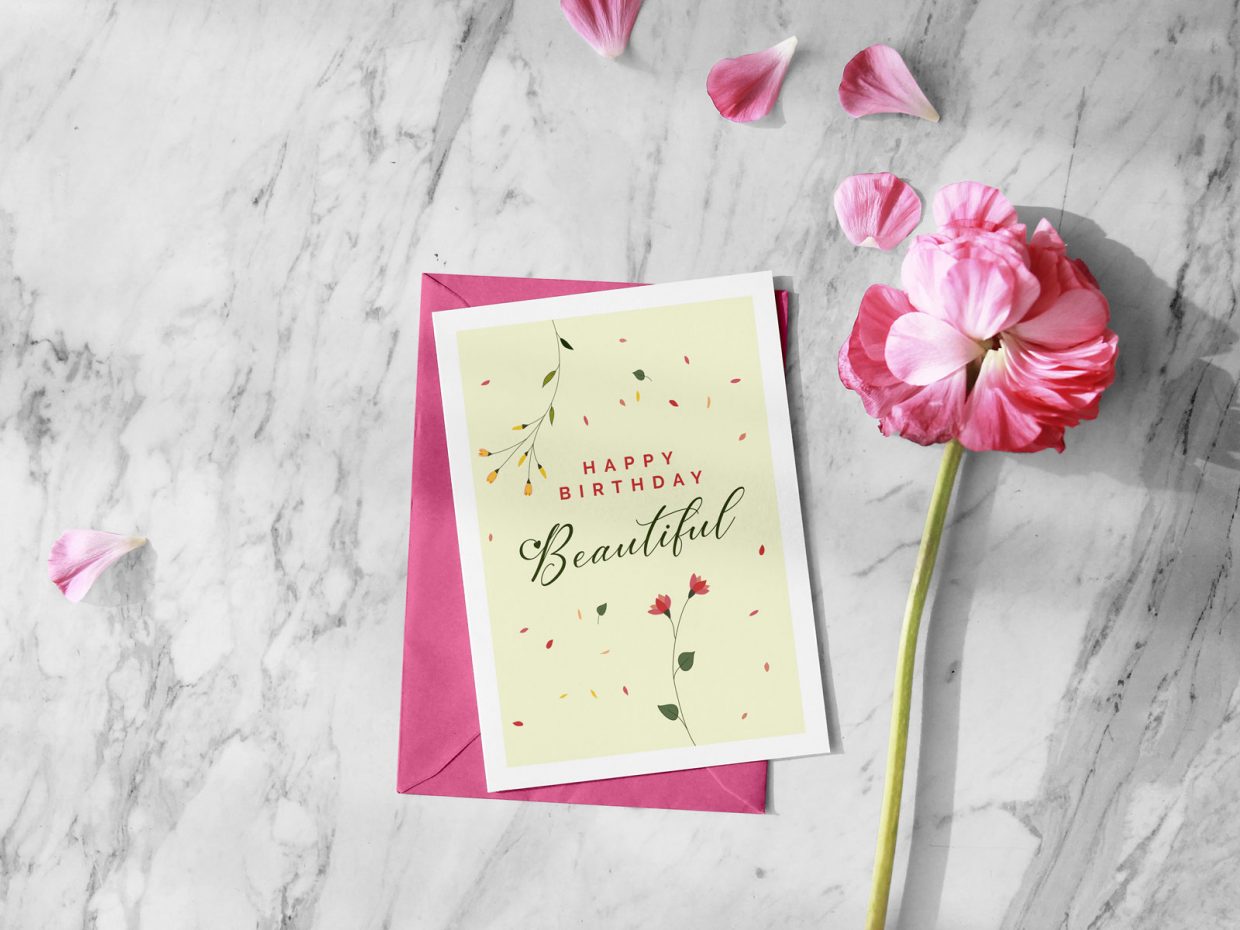 Free Beautiful Happy Birthday Greeting Card Design & Envelope Mockup PSD | Designbolts