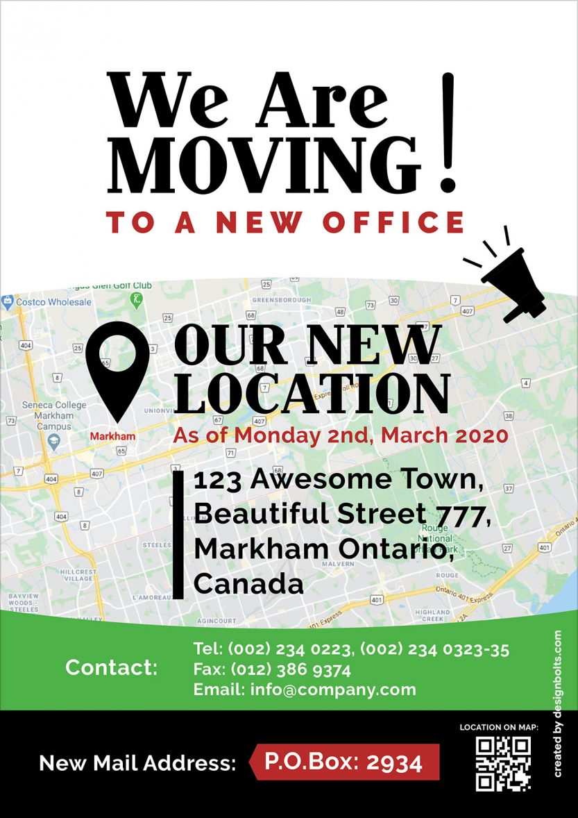 Free Office Moving Announcement Flyer Design Template Ai - Designbolts