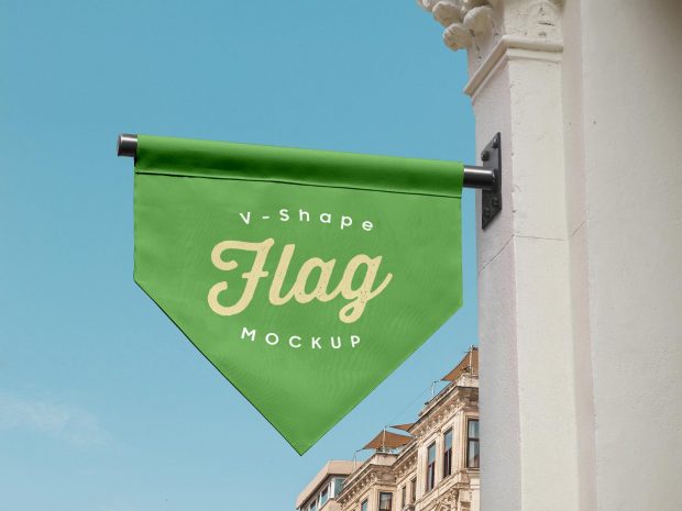 Download Free Vertical V-Shape Hanging Flag Banner Logo Mockup PSD | Designbolts