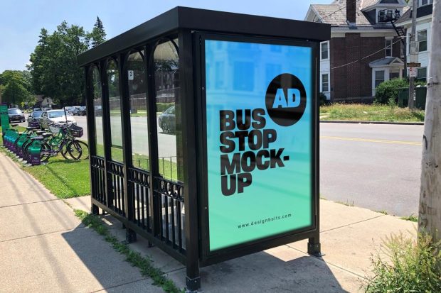 Download Free Bus Stop Advertising Signage on Sidewalk Mockup PSD | Designbolts