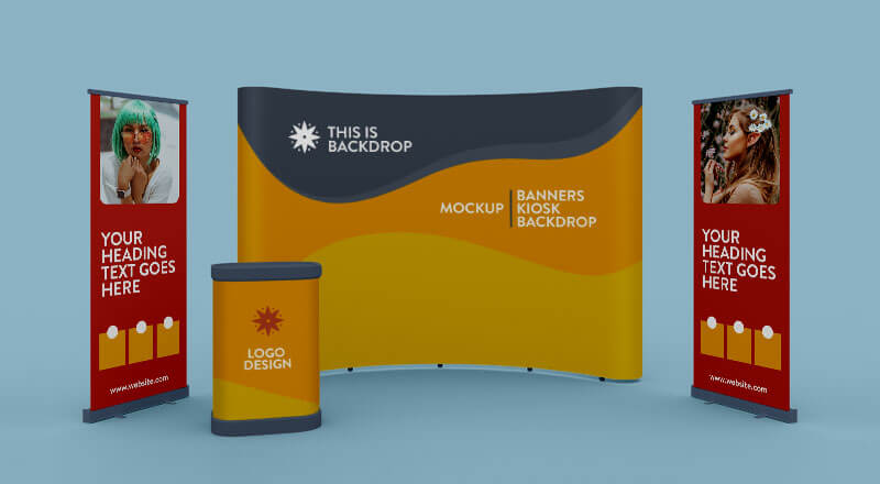 Download Free Exhibition Standing Banner, Kiosk & Backdrop Mockup PSD | Designbolts