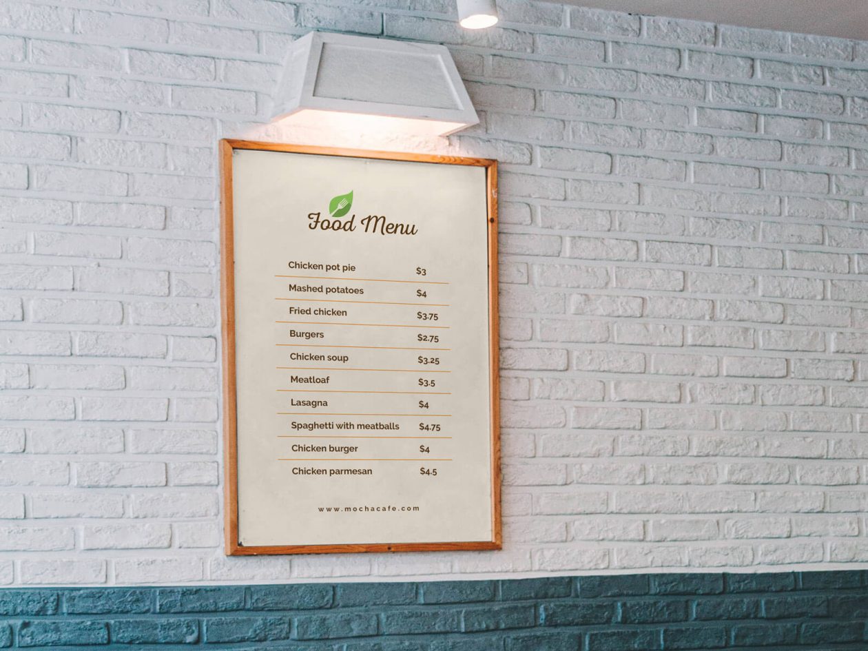 Download Free Wall Framed Food Restaurant Menu Poster Mockup PSD | Designbolts