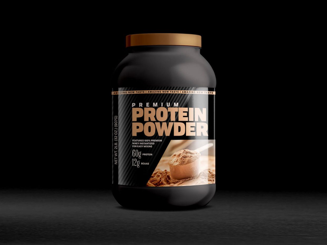 Free Protein Powder Bottle Mockup PSD - Designbolts