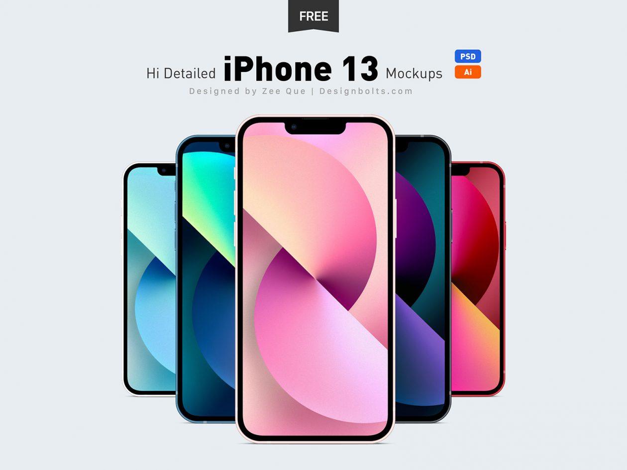 Free iPhone 13, iPhone 13 Pro, Max & Mini Ai & Mockup PSD Set - Designbolts