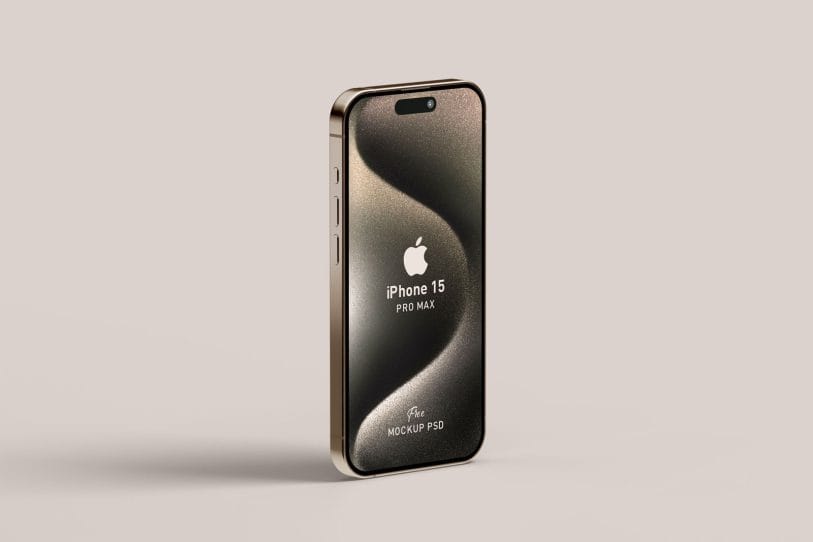 Free Standing Apple iPhone 15 Pro Max Mockup PSD - Designbolts